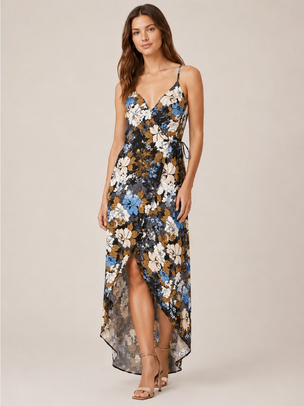 ASTR Donna Black Floral Faux Wrap Tie Waist Dress size L